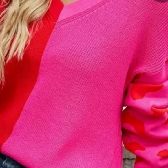 Miami Red and Hot Pink Heart Puff Sleeve V-Neck Oversized Crop Sweater - Picture 10 of 11